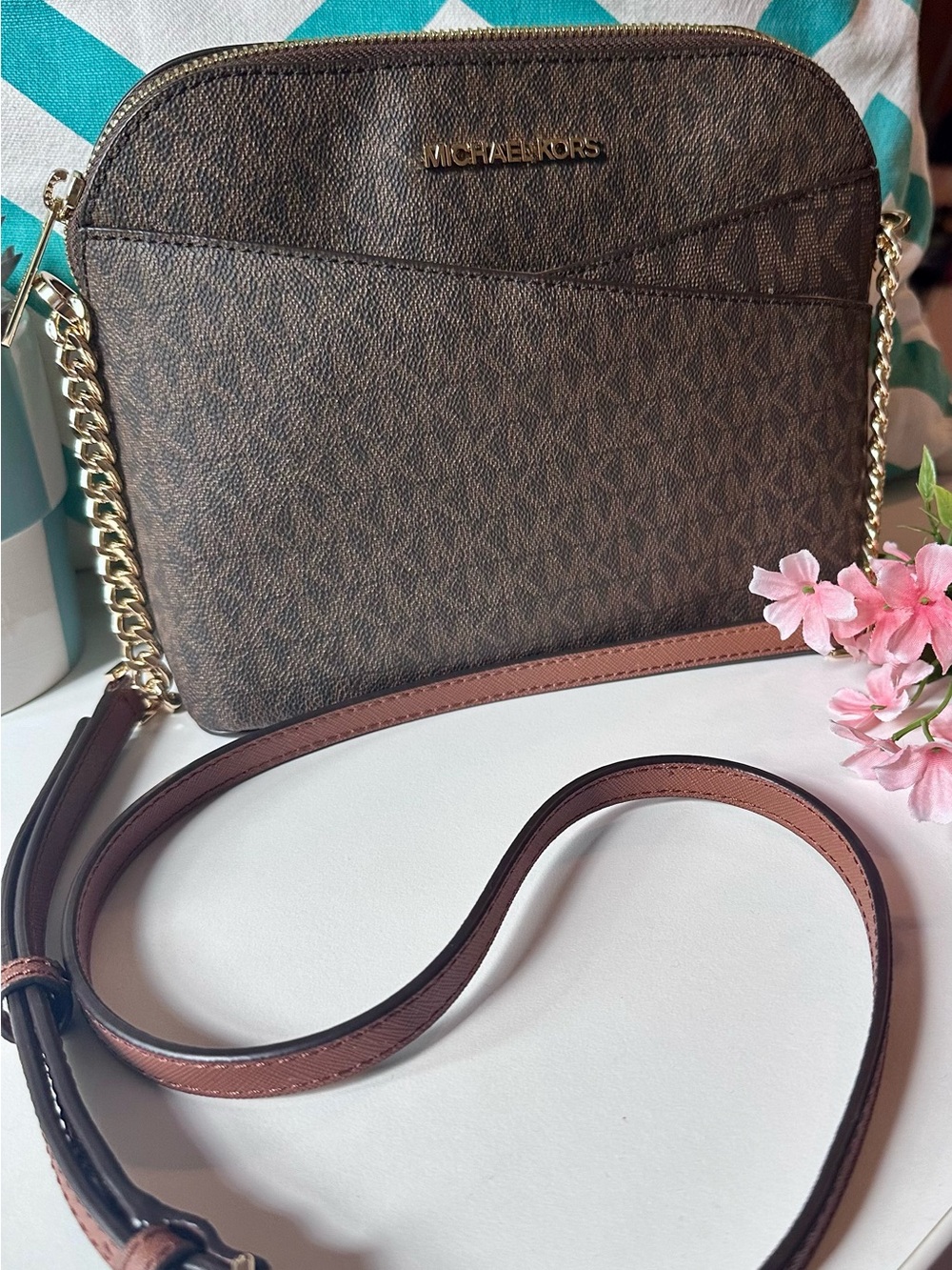 Michael Kors Brown Logo-Print Crossbody with Gold Hardware-NWOT